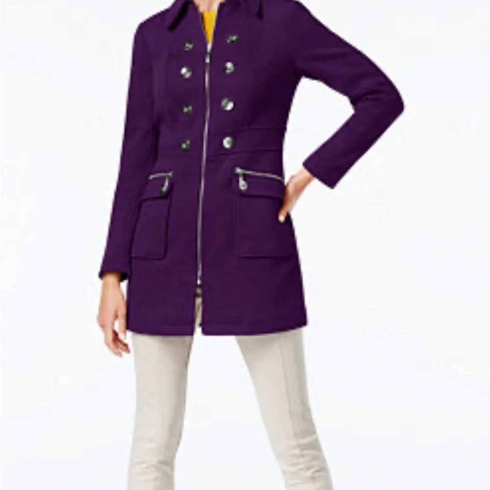 INC International Concepts button zip coat jacket beige gold slim military S - Picture 11 of 11
